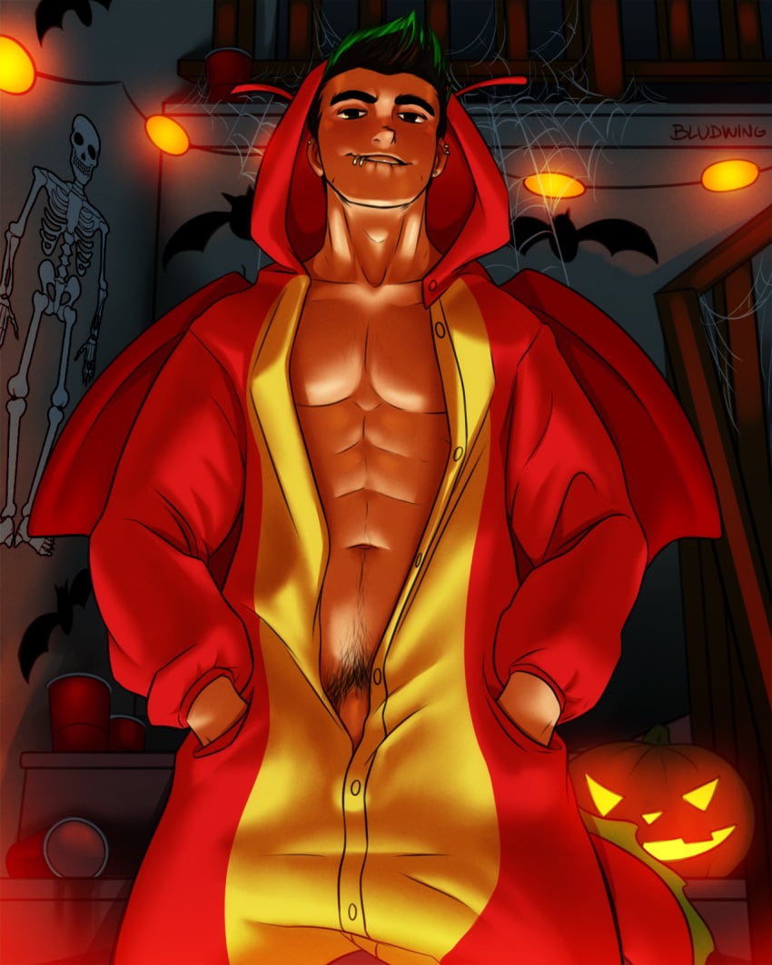 1boy 2017 american_dragon:_jake_long bara barazoku bludwing clothing costume disney gay hairy_male halloween halloween_costume hi_res highres holidays jake_long looking_at_viewer male male_focus male_only male_pubic_hair manly muscular_male penis piercing solo solo_male yaoi