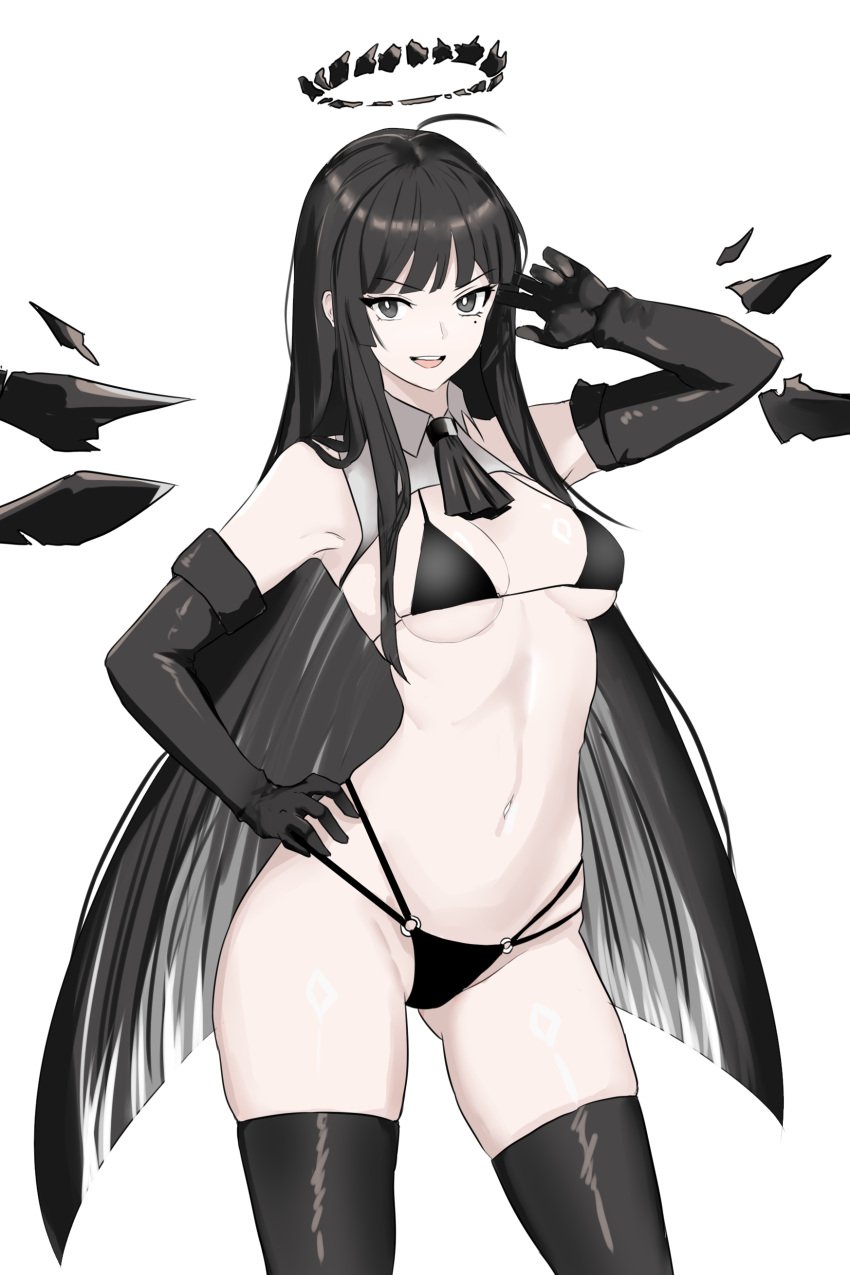 arknights bikini black_eyes black_hair elbow_gloves female gladiusfon gloves halo mole mole_under_eye navel swimsuit thighhighs virtuosa_(arknights) white_background