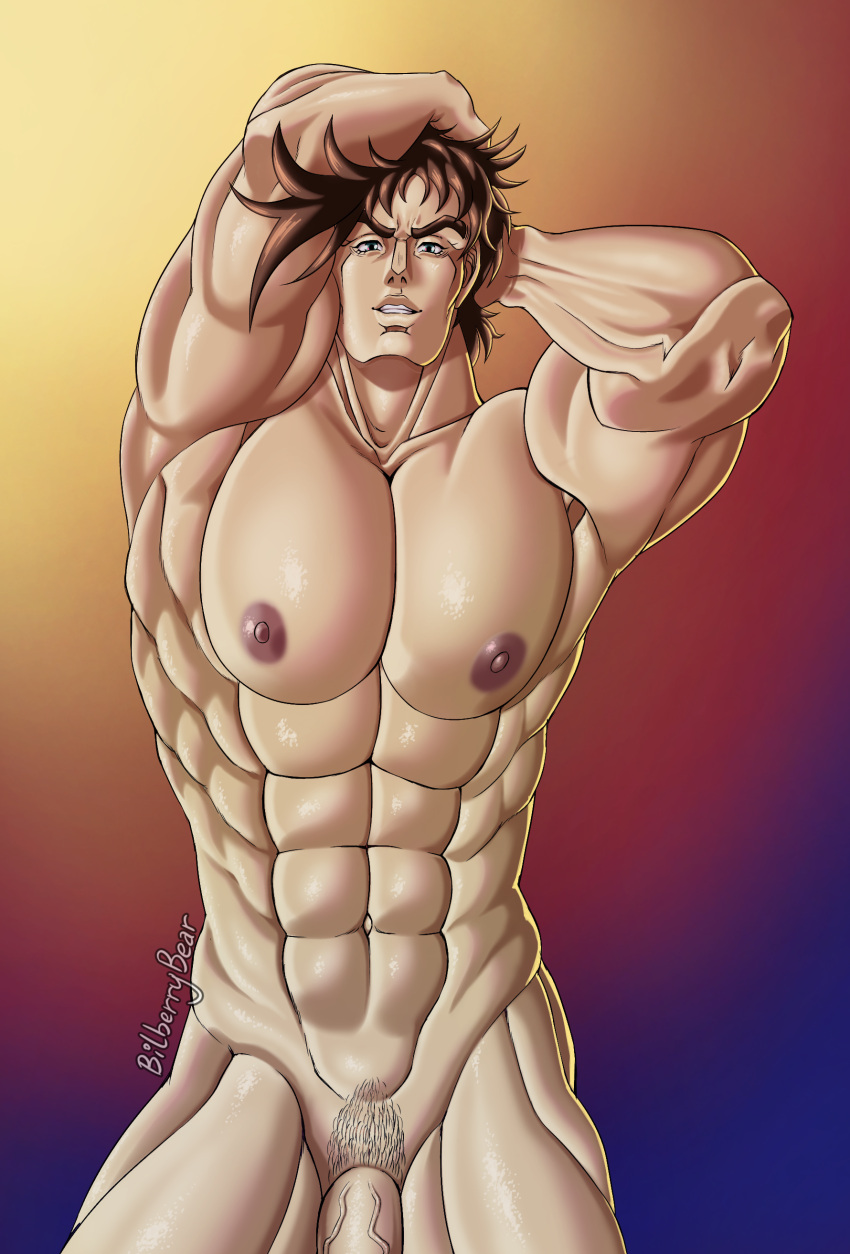 bara battle_tendency bilberrybear brown_hair jojo's_bizarre_adventure joseph_joestar looking_at_viewer male_focus male_only muscles muscular_male out_of_frame_censoring pubic_hair six_pack smile smile_at_viewer solo_male thick_eyebrows turquoise_eyes