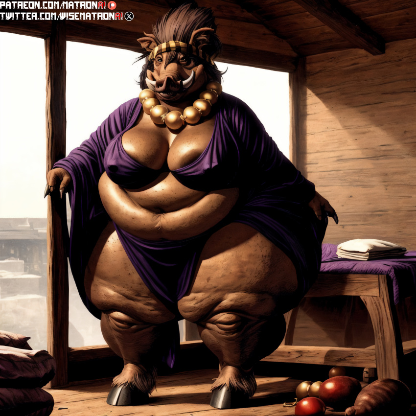 4k ai_generated anthro areola areolae bbw belly big_belly big_breasts breasts cellulite female female_only furry gharta highres hooves large_breasts mammal mammal_humanoid massive_breasts massive_thighs matronai_(artist) obese obese_anthro obese_female patreon patreon_username pinup ssbbw stable_diffusion the_autumnlands twitter_username warthog witch