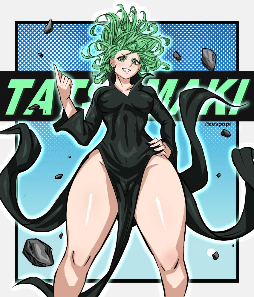 1girls black_dress breasts clothing dress female female_only green_eyes green_hair hair hand_on_hip hips legs medium_breasts one-punch_man pelvic_curtain short_hair smile solo solo_female tatsumaki thick_thighs thighs wide_hips zespapi