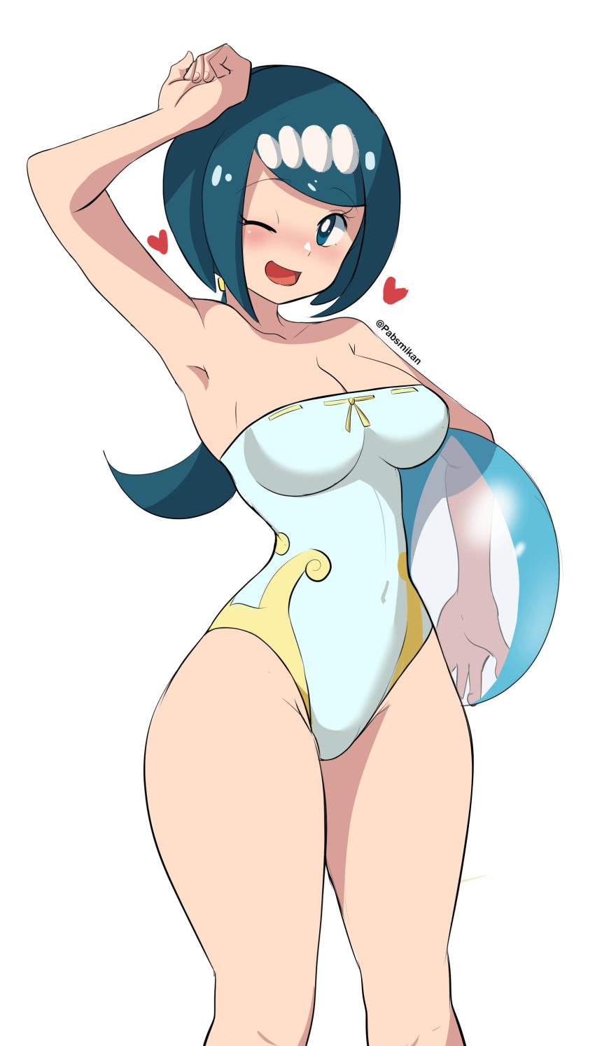 1girls beach_ball big_breasts blue_eyes blue_hair breasts cleavage female female_only game_freak hair heart heart hips huge_breasts lana's_mother_(pokemon) mature mature_female mature_woman milf mother one-piece_swimsuit one_eye_closed pabsmikan pokemon pokemon_sm ponytail solo solo_female swimsuit swimwear white_swimsuit wide_hips wink winking