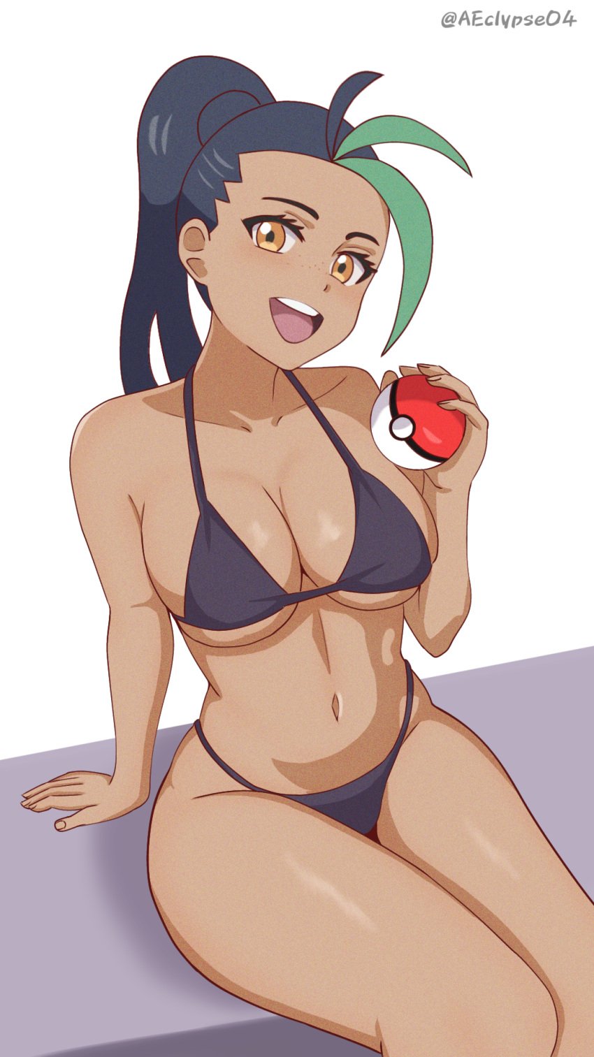 1girls big_breasts bikini bikini_bottom bikini_top black_bikini black_hair bottomwear breasts cleavage eclypse female female_only freckles freckles_on_face game_freak hair hips huge_breasts nemona_(pokemon) orange_eyes pokeball pokemon pokemon_sv ponytail solo solo_female swimwear thighs topwear