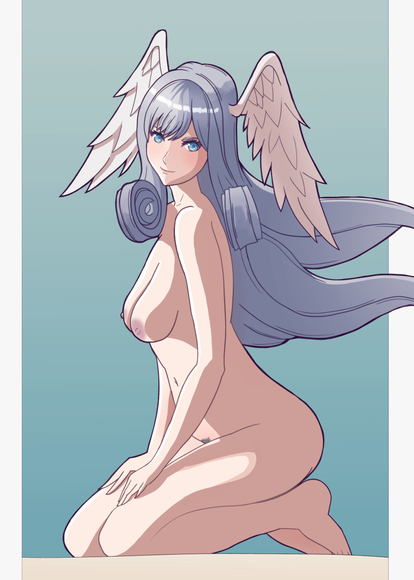 1girls artezza belly_button blue_eyes breasts female female_only head_wings high_entia kneeling long_hair looking_at_viewer melia_antiqua nipples nude nude_female pubic_hair silver_hair small_breasts smile solo solo_female wings wings_on_head xenoblade_(series) xenoblade_chronicles_3