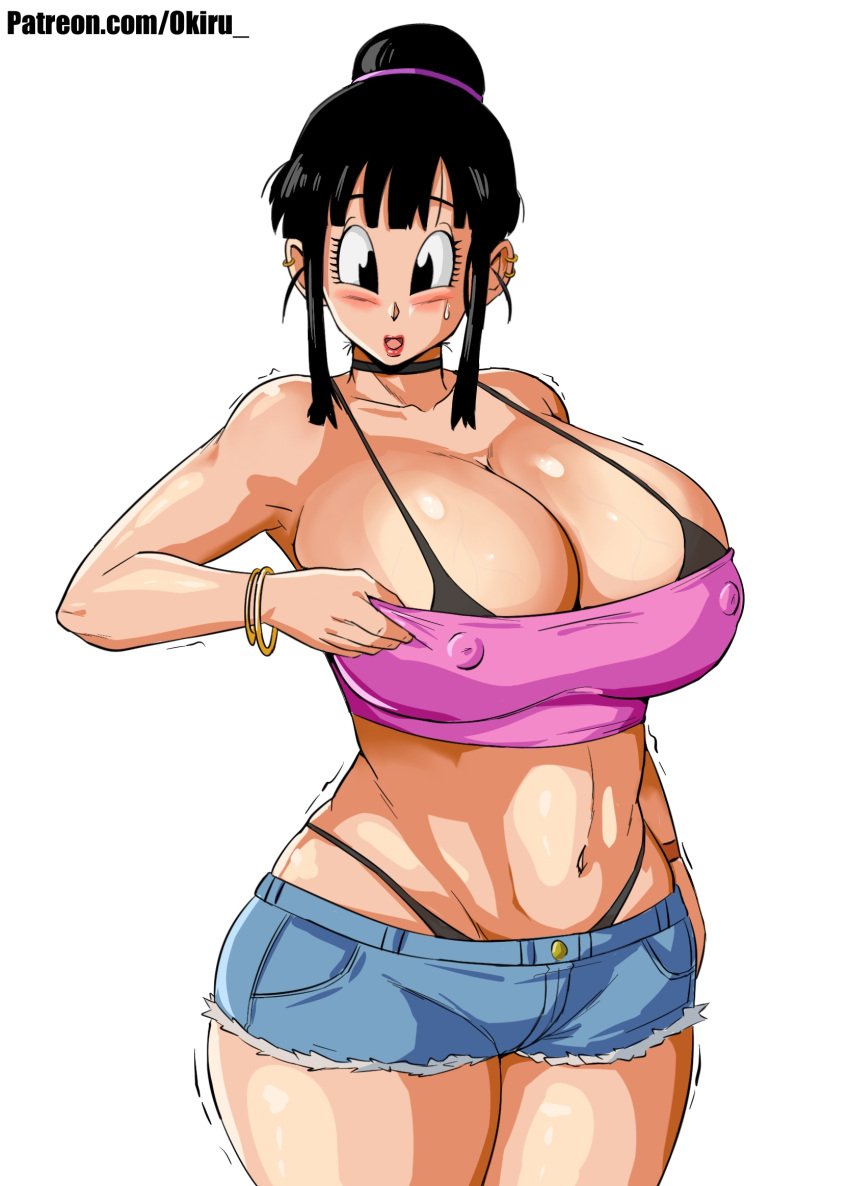 1girls adjusting_clothes armwear big_breasts black_bra black_eyes black_hair black_thong blue_shorts blush bra bracelet breasts chichi cleavage dragon_ball erect_nipples female female_only hair hair_bun hips huge_breasts mature mature_female mature_woman milf mother nipples_visible_through_clothing panarandom short_shorts shorts solo solo_female thighs thong thong_above_shorts tubetop