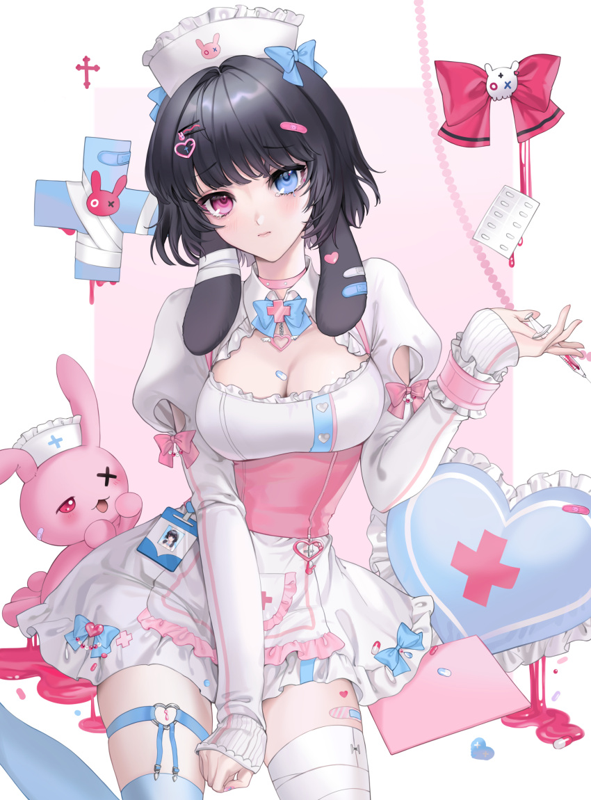 1girls ambi_(vtuber) bandages black_hair blue_eyes breasts bunryy choker hair_ornament heterochromia holding_syringe id_card indie_virtual_youtuber looking_at_viewer medium_breasts needle nurse nurse_cap nurse_uniform pink_eyes rabbit_ears short_hair syringe virtual_youtuber