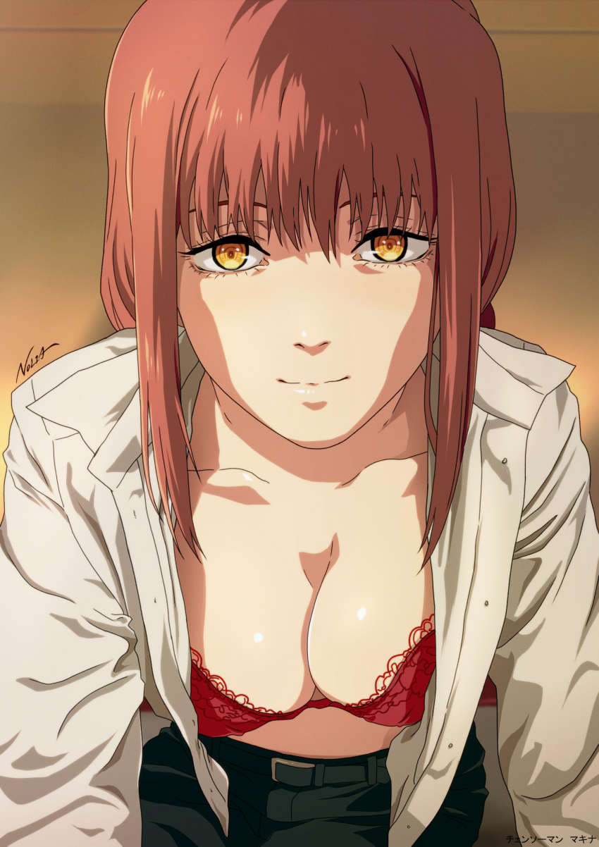 1girls alternate_version_available big_breasts black_pants bra braid breasts chainsaw_man cleavage female female_only hair huge_breasts lace lace-trimmed_bra lace_trim lingerie looking_at_viewer makima_(chainsaw_man) nolia open_shirt pants pov red_bra red_hair shirt solo solo_female white_shirt yellow_eyes