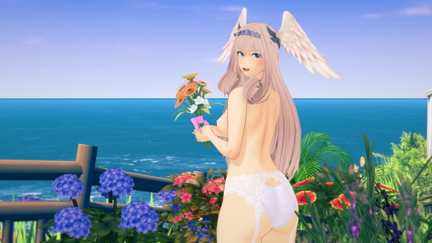 3d 3d_(artwork) ass blue_eyes bouquet breasts female female_only flowers garter head_wings high_entia lace lingerie long_hair looking_at_viewer looking_back melia_antiqua nipples ocean panties purple_moon silver_hair smiling solo solo_female wings xenoblade_(series) xenoblade_chronicles_3