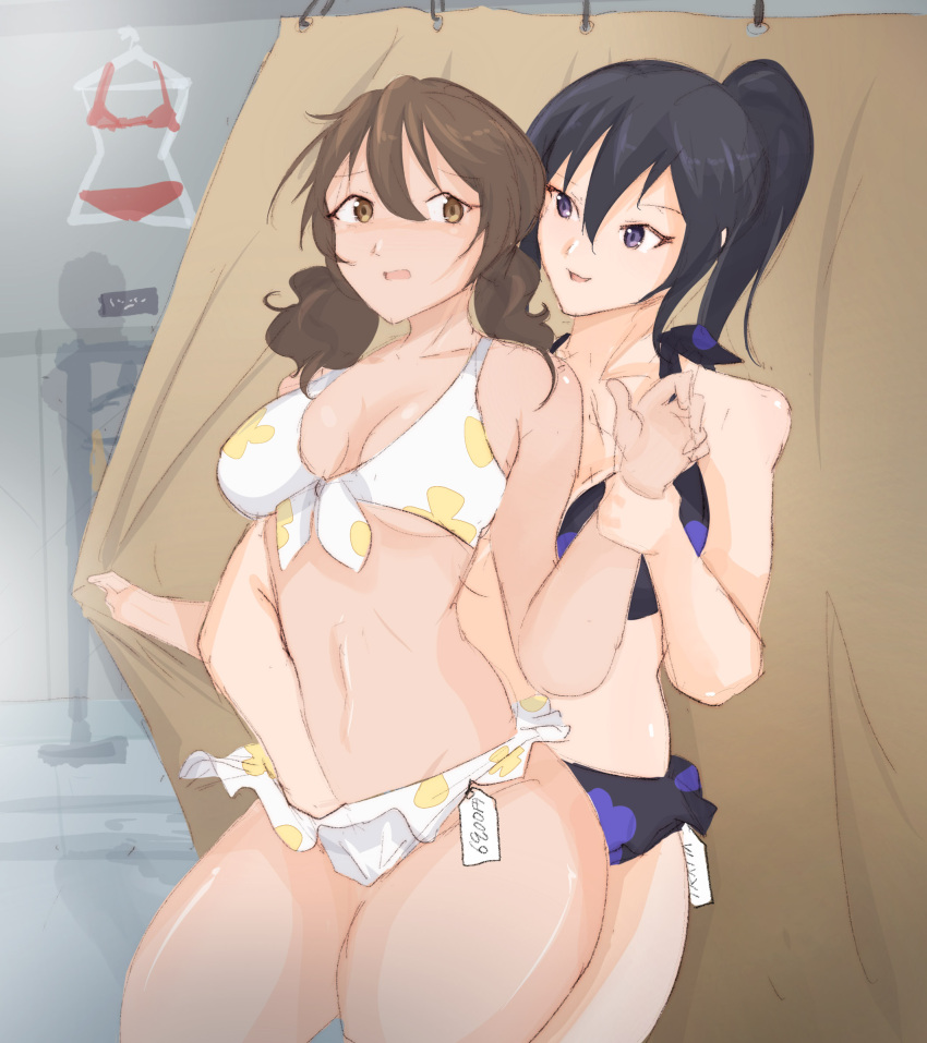 2girls 9_9bird alternate_hairstyle arm_grab bare_arms bare_legs bikini black_hair bow_bikini breasts brown_eyes brown_hair curtains female fingering fingering_under_clothes floral_print hair_between_eyes hibike!_euphonium indoors kousaka_reina light-skinned_female light_skin long_hair looking_at_another low_twintails medium_hair midriff multiple_girls open_mouth oumae_kumiko ponytail price_tag purple_eyes smile swimsuit swimwear tag twintails wavy_hair wrist_grab yuri