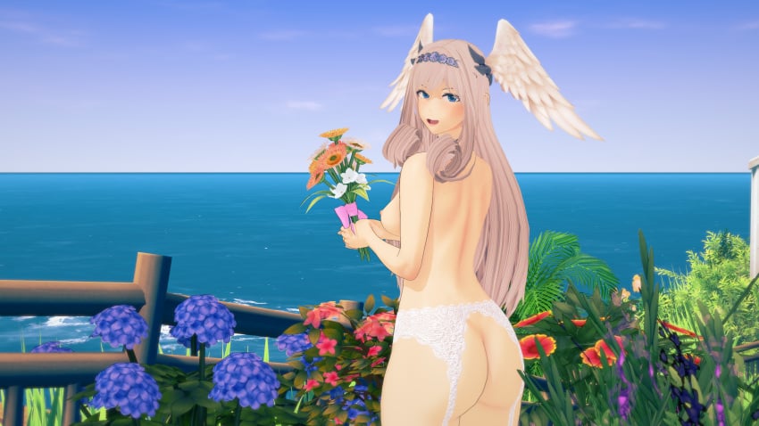 3d 3d_(artwork) ass back blue_eyes bouquet breasts female female_only flowers garter head_wings high_entia lace lingerie long_hair looking_at_viewer looking_back melia_antiqua nipples ocean purple_moon silver_hair smiling solo solo_female wings xenoblade_(series) xenoblade_chronicles_3