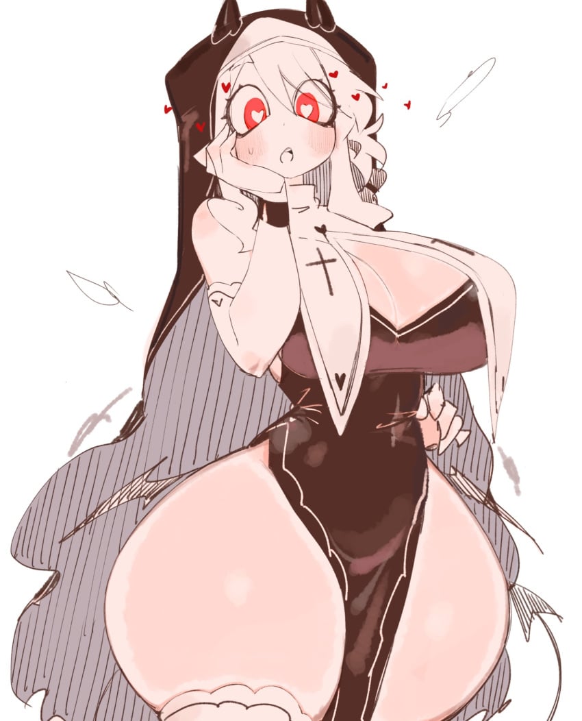 ass big_ass big_breasts big_thighs black_horns black_sweater black_tail blush breasts cleavage curvy cute demon_girl demon_horns demon_tail female gigantic_ass gigantic_thighs heart heart-shaped_pupils hearts helltaker horns huge_ass huge_breasts huge_thighs modeus_(helltaker) nun nun_outfit panties red_eyes red_panties ribbed_sweater short_hair standing sweater symbol-shaped_pupils tail thick_hips thick_thighs thighs underwear usa37107692 white_background white_hair wide_hips