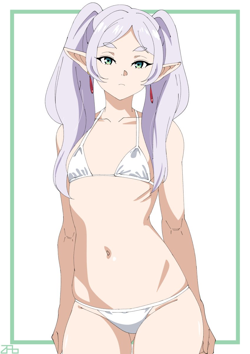 1girls bikini bikini_bottom bikini_top bottomwear ear_piercing earrings female female_only flat_chest frieren green_eyes hair micro_bikini pointy_ears solo solo_female sousou_no_frieren swimwear topwear twintails white_bikini white_hair zabbraea