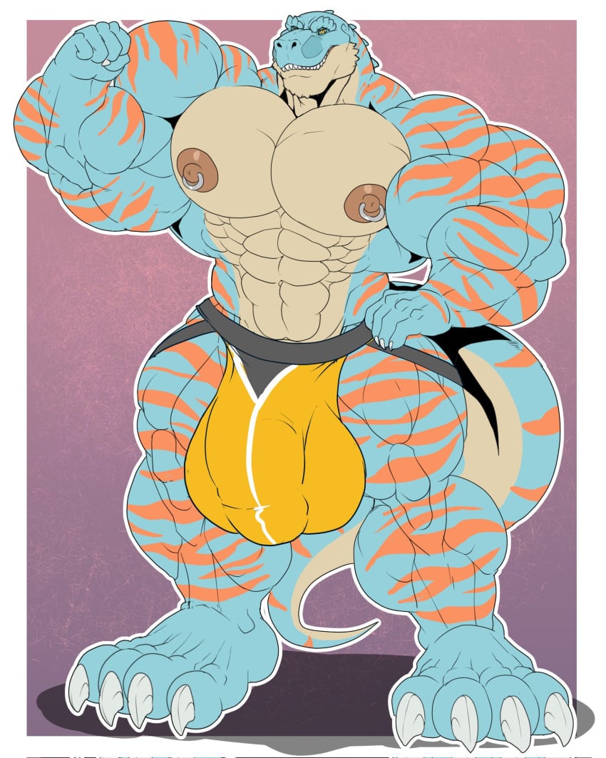 2023 abs anthro blue_body blue_skin bulge clothing countershading diesel_(ralarare) dinosaur genital_outline hi_res jockstrap male muscular muscular_anthro muscular_male nipple_piercing nipple_ring nipples orange_stripes pecs penis_outline piercing pose reptile ring_piercing scalie solo stripes tan_body tan_skin theropod tyrannosaurid tyrannosaurus tyrannosaurus_rex underwear xibalbakat