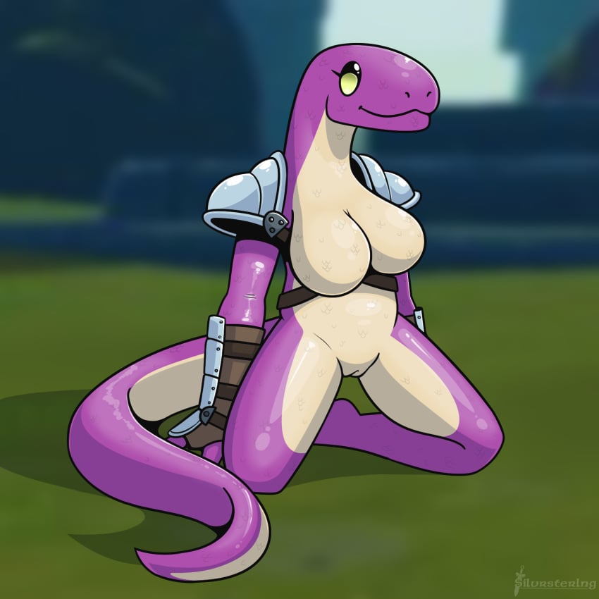 1:1 armor breasts clothing featureless_breasts female gauntlets genitals gloves handwear hi_res lemurian nude pussy reptile risk_of_rain scalie silvrsterlng solo