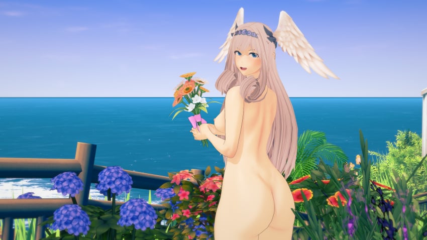 3d 3d_(artwork) ass blue_eyes bouquet breasts female female_only flowers head_wings high_entia long_hair looking_at_viewer looking_back melia_antiqua nipples nude nude_female ocean purple_moon silver_hair smiling solo solo_female wings xenoblade_(series) xenoblade_chronicles_3