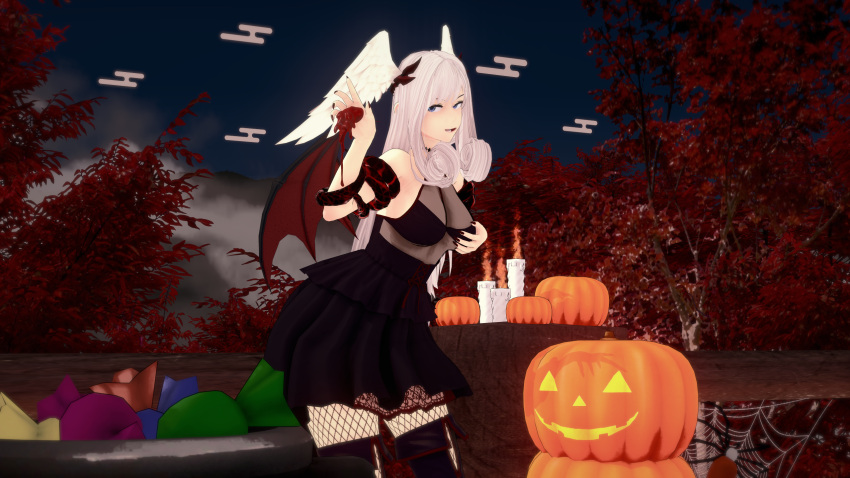 3d 3d_(artwork) black_dress blue_eyes breasts candles candy clothed clothed_female demon_wings female female_only fishnets fondling_breast fondling_self halloween halloween_costume hand_on_breast head_wings jack-o'-lantern long_hair looking_at_viewer melia_antiqua purple_moon royalty seductive silver_hair smiling solo solo_female wings xenoblade_(series) xenoblade_chronicles_3