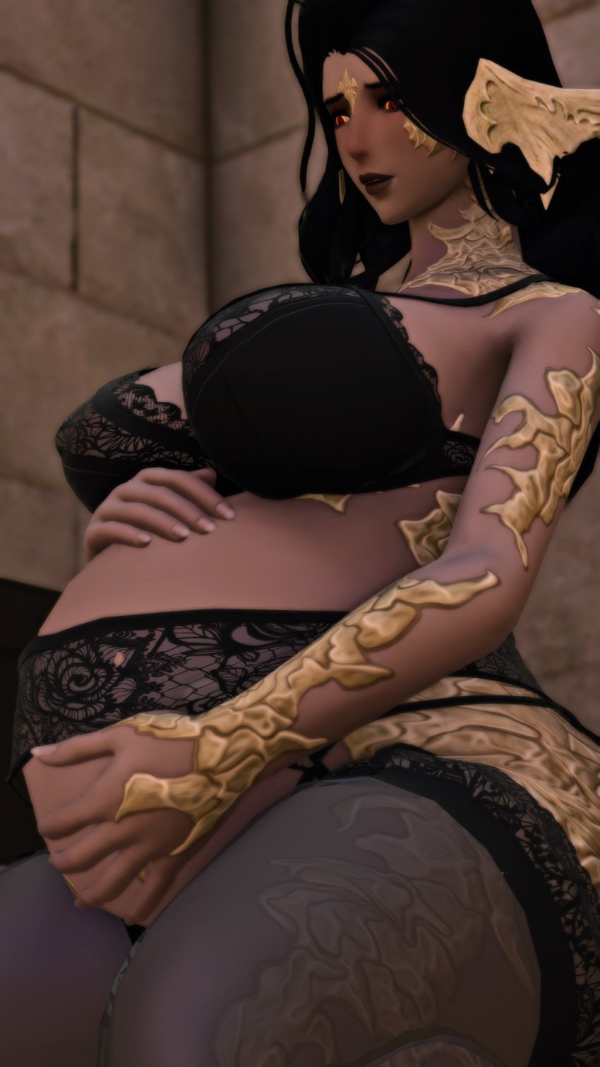 3d au_ra bedroom_setting black_hair black_lingerie bra curvaceous curvy curvy_female final_fantasy_xiv garterbelt gpose(ffxiv) holding_belly horns indoors lace lace-trimmed_bra lace-trimmed_thighhighs lace_trim large_belly large_breasts light-skinned light-skinned_female light_skin lingerie lipstick long_hair looking_at_self makeup nipple_peek nipples_visible_through_clothing no_sex on_bed pink_skin pinup pregnant pregnant_belly pregnant_female raen ready_to_pop red_eyes reptile_tail scaled_tail scales self_upload sheer_legwear sitting sitting_on_bed slit_pupils solo solo_female tail thick_thighs thighhighs