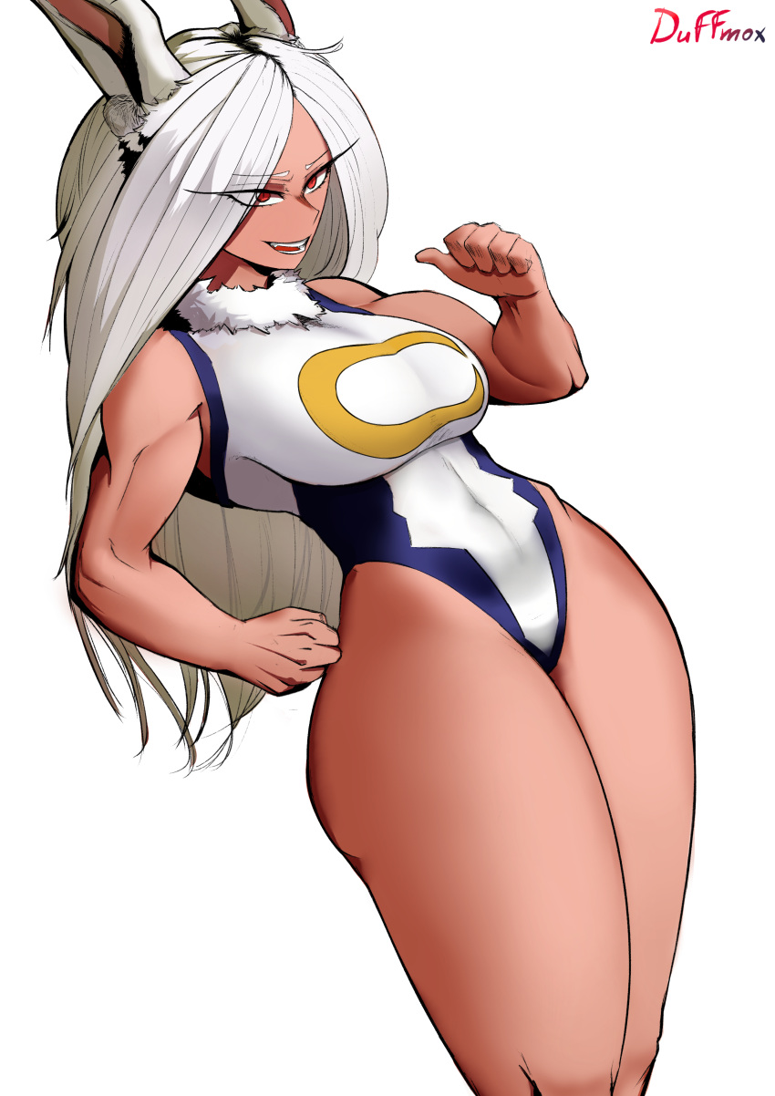 1girls dark_skin duffmox female female_only hair huge_breasts long_hair miruko muscles muscular muscular_female my_hero_academia rabbit_ears rabbit_girl rabbit_humanoid red_eyes smile thick_thighs white_hair