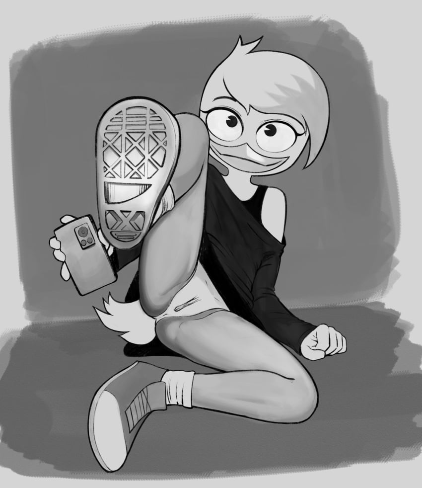 1girls anatid anseriform anthro anus avian bird bottomless bottomless_female cellphone clothed clothing converse disney drockdraw duck ducktales ducktales_(2017) female footwear genitals hi_res holding_object lena_de_spell looking_at_viewer monochrome phone presenting pussy shirt shoes solo topwear young