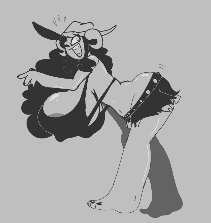 aradia_megido areolae barefoot big_ass big_breasts black_and_white daisy_dukes errorplush female hat homestuck horns huge_breasts long_hair nipple_bulge painted_nails shorts smile sweat