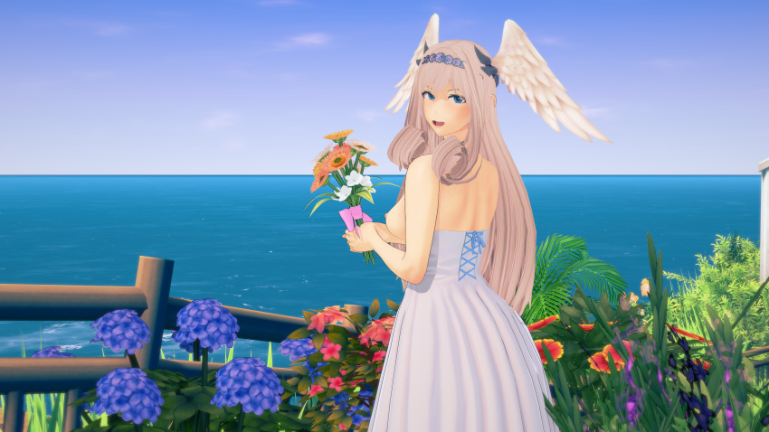 3d 3d_(artwork) blue_eyes bouquet breasts dress female female_only flowers head_wings high_entia long_hair looking_at_viewer looking_back melia_antiqua nipples ocean purple_moon silver_hair smiling solo solo_female wings xenoblade_(series) xenoblade_chronicles_3