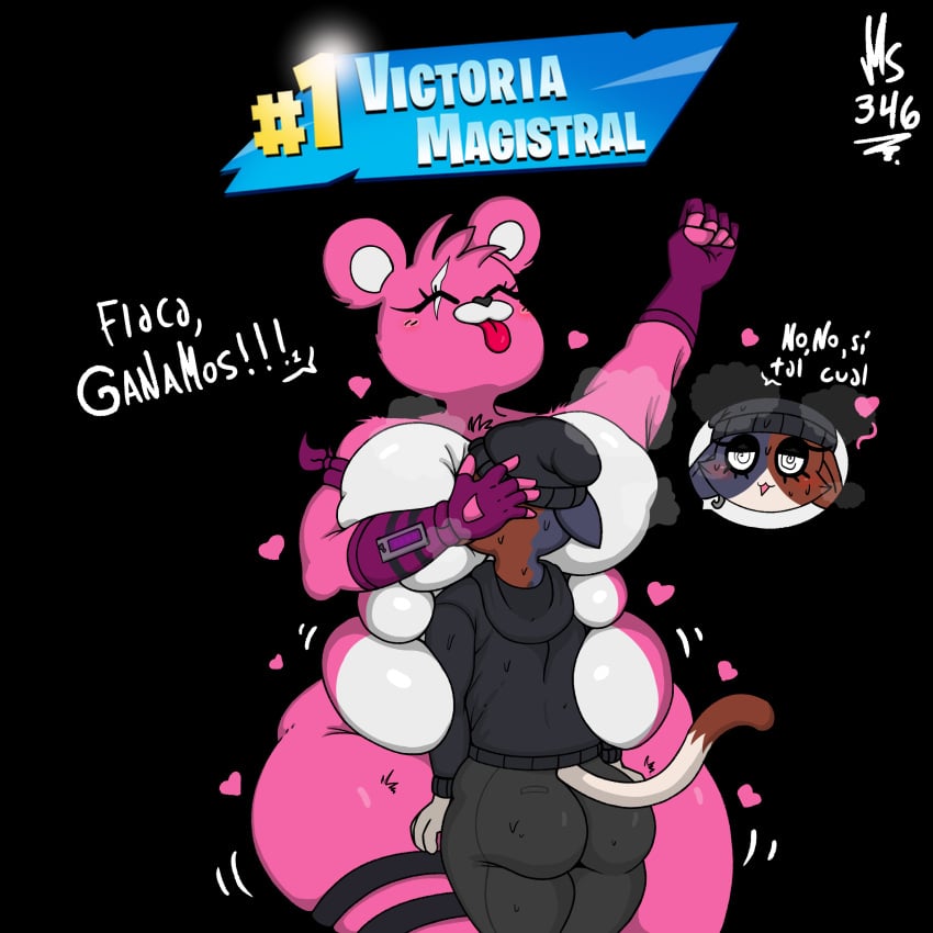 2girls anthro ass beanie beanie_hat belly breasts calico_cat chubby chubby_female cuddle_team_leader face_against_breast fat feline feline_humanoid female female_focus female_only fingerless_gloves fortnite fortnite:_battle_royale furry hips hugging large_ass large_breasts maxsan643 meow_skulls_(fortnite) pink_fur spanish_text stomach text thick_thighs thighs tongue tongue_out wide_hips yuri