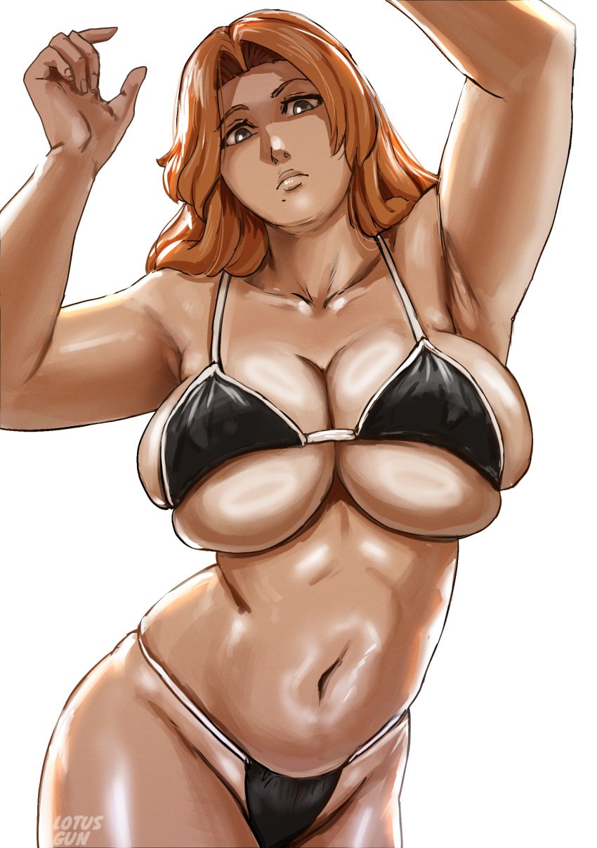 1girls big_breasts bikini bikini_bottom bikini_top black_bikini bleach bottomwear breast_focus breasts cleavage female female_only hair hips huge_breasts lips long_hair lotusgun matsumoto_rangiku mature mature_female mole mole_under_mouth orange_hair solo solo_female swimwear topwear