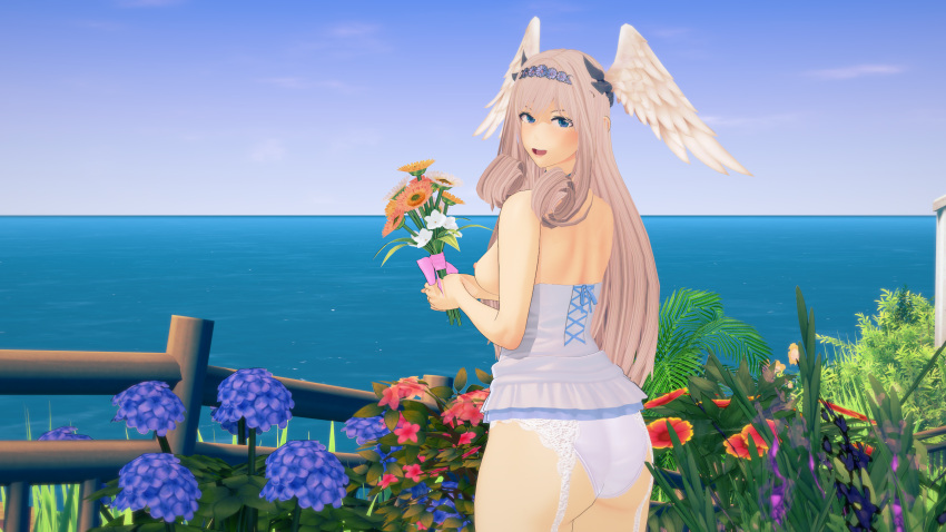 3d 3d_(artwork) ass blue_eyes bouquet breasts corset flowers garter head_wings high_entia lace lingerie long_hair looking_at_viewer looking_back melia_antiqua nipples ocean panties purple_moon silver_hair smiling wings xenoblade_(series) xenoblade_chronicles_3