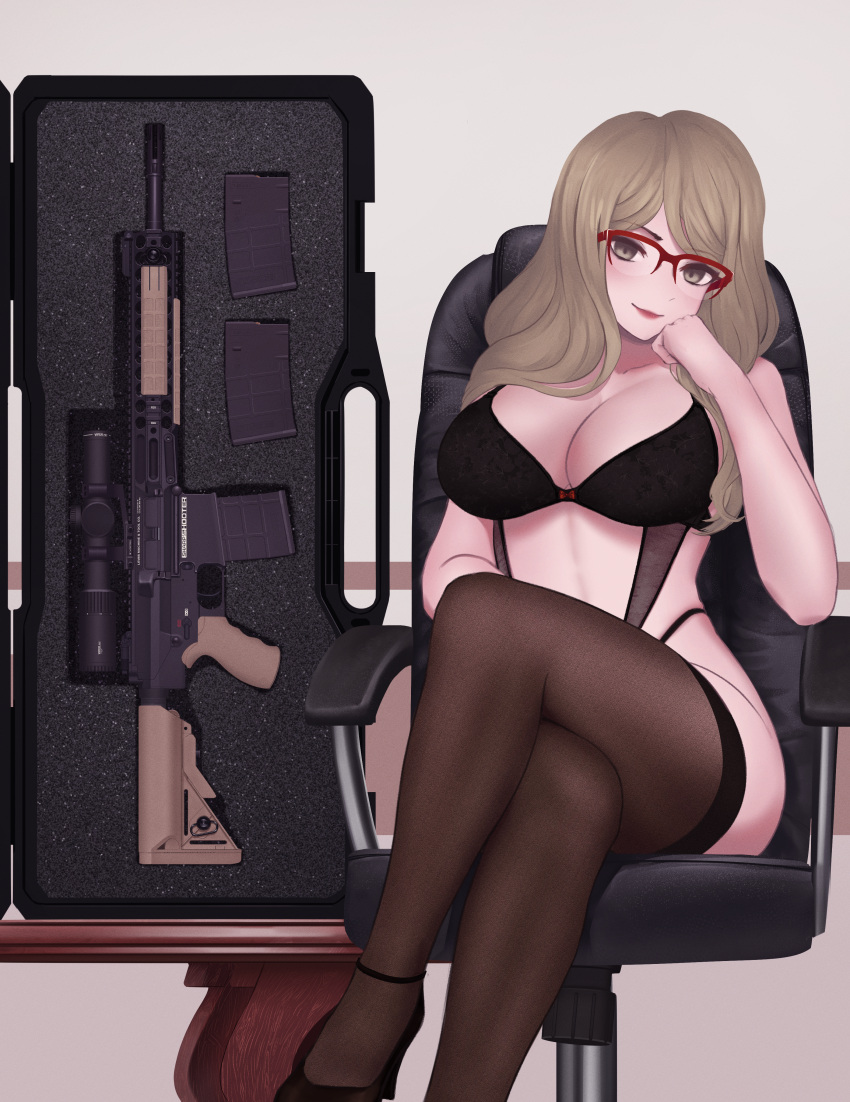 1girls big_breasts black_thighhighs breasts brown_eyes brown_hair cleavage eyewear female female_only glasses gun hair heels high_heels huge_breasts hyo_m1 lace lace-trimmed_bra lace_trim legs_crossed legwear lingerie lips long_hair looking_at_viewer lycoris_recoil mature mature_female mature_woman nakahara_mizuki red_glasses rifle solo solo_female thighhighs weapon