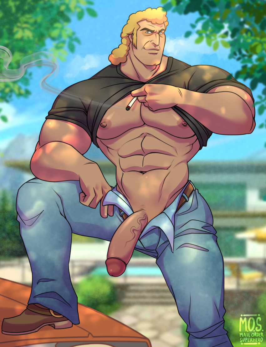 1boy 2023 adult_swim balls bara bara_tits barazoku big_penis blonde_hair brock_samson clothing gay half-erect hi_res highres huge_cock looking_at_viewer mail_order_superhero male male_focus male_nipples male_only manly muscular_male nipples penis shirt_lift solo solo_male vein veiny_penis venture_brothers yaoi