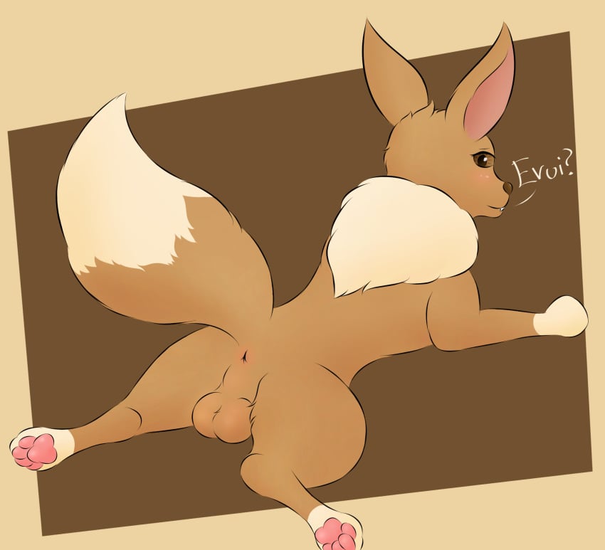 anus ass backsack balls blush dialogue eevee fangs feral generation_1_pokemon genitals hi_res looking_back lying male mammal nintendo on_front pawpads perineum pokemon pokemon_(species) presenting presenting_hindquarters raised_tail rear_view saja1222 simple_background smile solo tail teeth