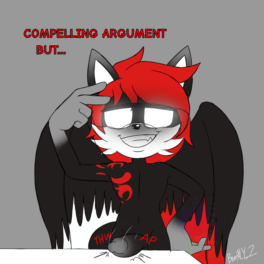 1:1 anthro beastly_z5 beastly_z5 canid canine canis digital_media_(artwork) english_text fair_argument_but… feathered_wings feathers fur genitals hair hi_res male mammal meme mobian_wolf nude pose red_hair simple_background smile smirk solo text thwap white_eyes wings wolf xion_archaeus