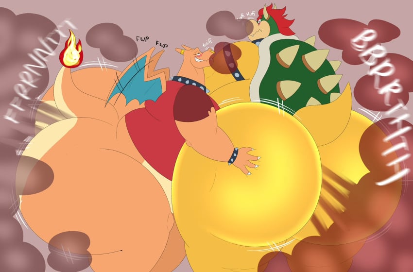 anthro ass big_ass bowser charizard claws crossover dragon enjoying_farts facial_piercing fart fart_cloud fart_fetish fart_sniffing farting fire flaming_tail gay generation_1_pokemon huge_ass koopa male male/male male_fart mario_(series) megacoolbear_(artist) mutual_fart_sniffing mutual_sniffing nintendo nose_piercing nose_ring orange_body orange_skin piercing pokemon pokemon_(species) red_hair scalie shell spiked_bracelet spiked_collar spikes visible_sniffing wings yellow_body yellow_skin