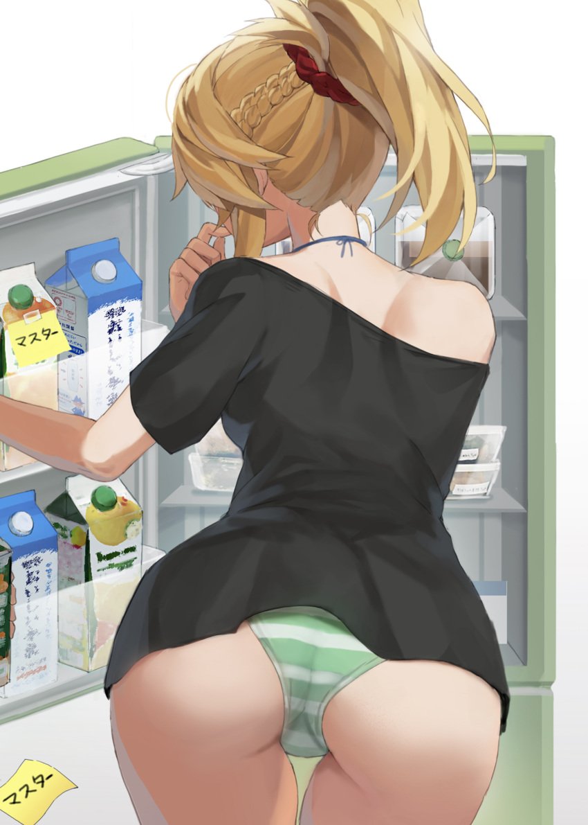 ass back black_shirt blonde_hair braid breasts carton fate/apocrypha fate_(series) female french_braid green_panties hair_ornament hair_scrunchie highres jewelry long_hair milk_carton mordred_(fate) mordred_(fate/apocrypha) panties ponytail refrigerator scrunchie shirt sidelocks single_bare_shoulder small_breasts solo striped striped_panties tonee underwear