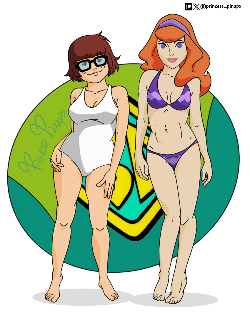 2girls alternate_version_available big_breasts bikini camp_scare daphne_blake female female_only glasses long_hair multiple_girls one-piece_swimsuit princess_pinups scooby-doo scooby-doo!_camp_scare short_hair swimsuit swimwear velma_dinkley watermark white_background wide_hips