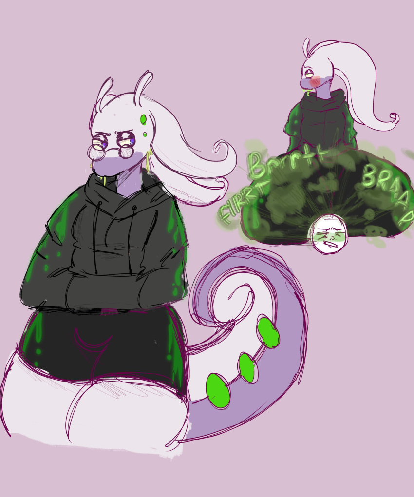 ambiguous_gender anthro ass clothing dragon eyewear fart fart_cloud fart_fetish generation_6_pokemon glasses goodra male male/ambiguous nintendo pokemon pokemon_(species) purple_body purple_eyes purple_skin simple_background sitting stinkybuns1 tail