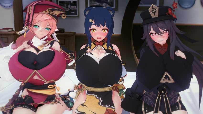 3d 3girls big_breasts blush breasts busty clothed clothed_female clothing female female_only genshin_impact gigantic_breasts hu_tao_(genshin_impact) huge_breasts koikatsu large_breasts massive_breasts sitting sitting_on_bed thick_thighs thighs voluptuous xiangling_(genshin_impact) yanfei_(genshin_impact) yoriha