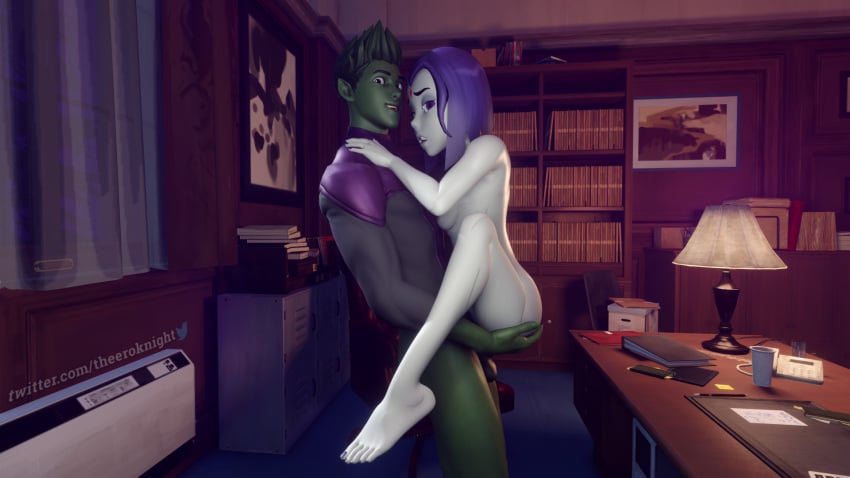 1boy 1girls beast_boy dc dc_comics eroknight feet female green_skin held_up looking_at_viewer male office pale-skinned_female rachel_roth raven_(dc) teen_titans toes