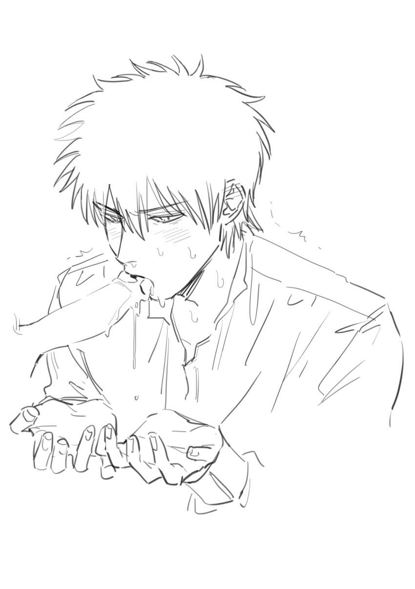 2boys blush cum erection fellatio gay gintama hijikata_toshiro hsixxx licking_penis male male_only monochrome oral penis rough_sketch sketch sweat uncensored yaoi