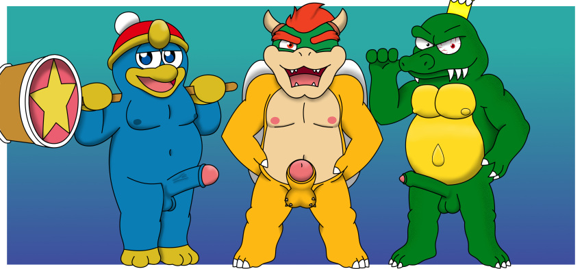 absurd_res anthro avian bird bowser crocodilian crown donkey_kong_(series) fat fat_man feet genitals group hammer headgear hi_res horn k_rool king_dedede kirby_(series) koopa kremling male mario_(series) multiple_boys multiple_girls nintendo nipples overweight penguin penis reggie_rakun reptile scalie simple_background tools trio turtle