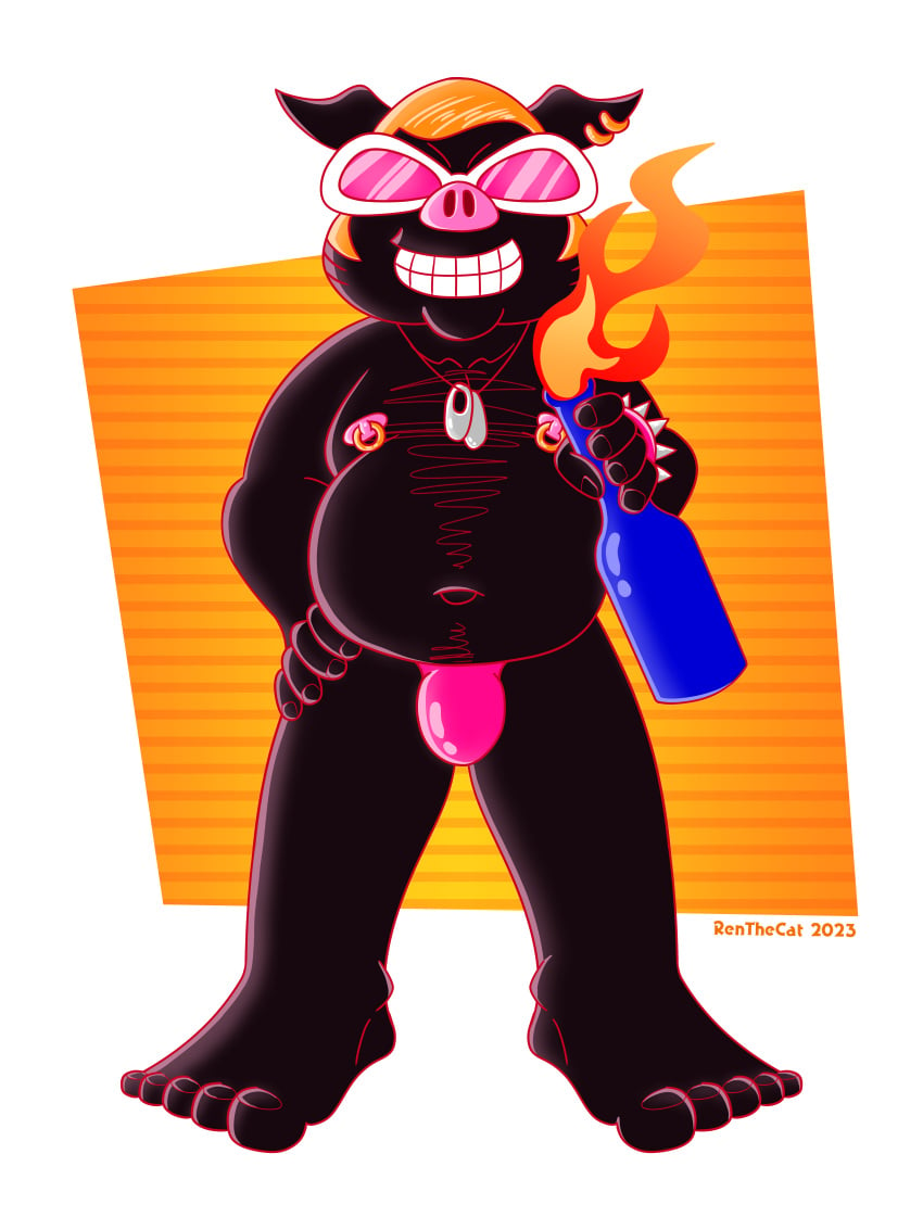 1boy 5_fingers 5_toes anthro black_pig black_skin bulge catsmileynsfw chub chubby chubby_anthro chubby_belly chubby_male fat fat_boy_(pop'n_music) feet foot furry male male_only mammal pig pink_thong pink_underwear pop'n_music renthecat renthehumancat solo swine thong underwear