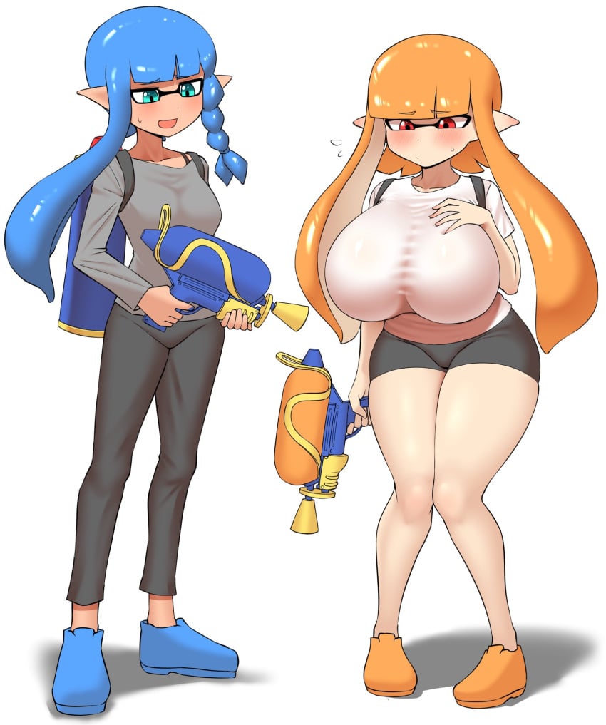 2girls big_breasts blush breast_conscious breast_focus breasts huge_breasts inkling inkling_girl kaori_(splatoon) nobunagapero orange_hair red_eyes shirt shooter_(splatoon) shorts size_comparison size_difference splatoon splatoon_(series) splatoon_3 splattershot sweat sweatdrop t-shirt thick_thighs tight_clothing white_background