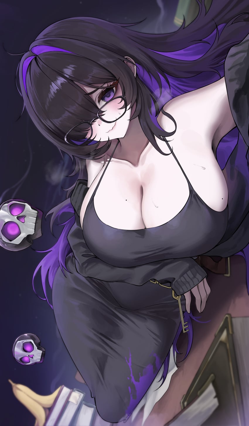 1girls 9ujin backview big_ass big_butt big_thighs black_clothing black_hair breasts_bigger_than_head busty clothed curves female female_focus female_only fully_clothed glasses goddess_of_victory:_nikke head_turned label_(nikke) light-skinned_female light_skin looking_at_viewer pale_skin purple_eyes shy shy_expression sideboob solo solo_female solo_focus thick thick_ass thick_thighs tight_clothing