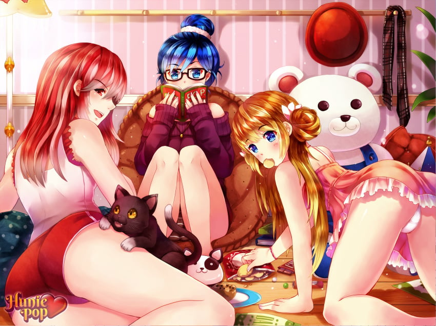 accurate_art_style ass audrey_belrose blonde_hair blue_eyes blue_hair candy eyeglasses female female_only gamer_girl girls_night glasses huniepop multiple_females nikki_ann-marie panties panty_shot red_eyes red_hair slave_handles sleepover tiffany_maye