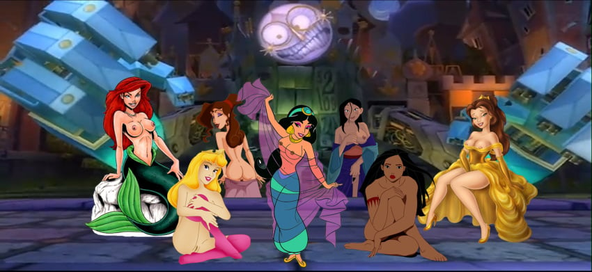 aladdin aladdin_(1992_disney_film) arabian arabian_clothes ariel ariel_(the_little_mermaid) aurora_(sleeping_beauty) beauty_and_the_beast_(1991_film) belle_(beauty_and_the_beast) chair clock_tower clothing crossover dark-skinned_female dark_skin disney disney_princess dress epic_mickey fa_mulan female female_only harem harem_outfit hercules_(disney) human medium_breasts megara mermaid mulan multiple_girls native_american nipples pocahontas pocahontas_(character) princess princess_jasmine royalty sleeping_beauty_(1959_film) stockings the_little_mermaid the_little_mermaid_(1989_film)