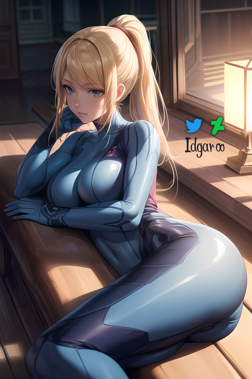 absurd_res ai_generated blonde_hair blonde_hair blue_eyes hi_res idgaroo indoors large_breasts laying_on_side metroid ponytail samus_aran stable_diffusion zero_suit zero_suit_samus