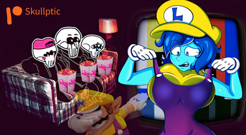 1girls 3boys blue_body blue_eyes blue_eyes_female blue_hair blue_skin breasts brosuke_senpai clothes confused_look couch dab dark_purple_background edit edited female gem gem_(species) gloves hat lamp lapis_lazuli_(gem) lapis_lazuli_(steven_universe) lefti_(spookware) male midi_(spookware) patreon patreon_logo questionable righti_(spookware) skeleton skeletons skull skullptic skullptify spookware steven_universe thumbnail tight_clothing tv tv_screen wario wario_(cosplay) white_glove white_gloves yellow_shirt youtube_thumbnail