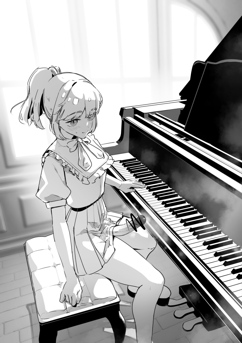 1futa afterlife_fgirl big_penis breasts censored erection futa_only futanari greyscale human monochrome nude penis piano ponytail short_hair sitting skirt solo testicles