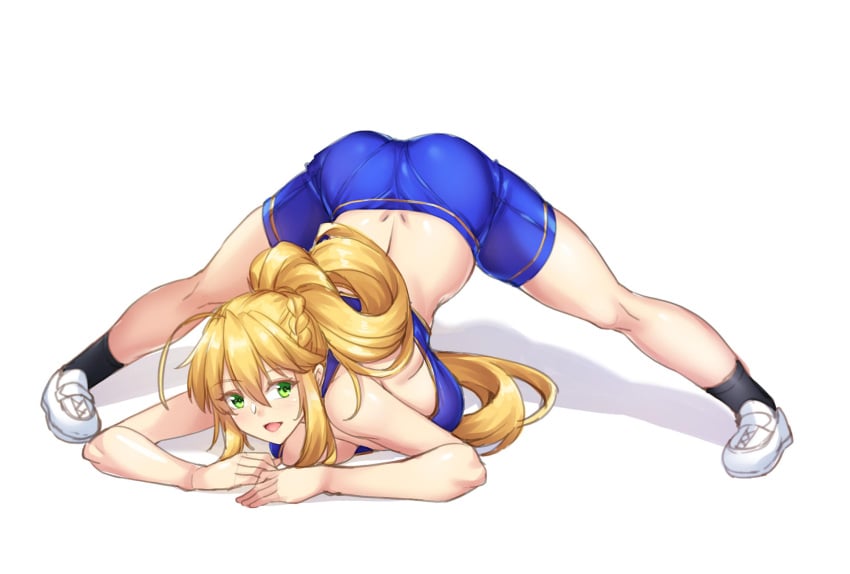 1girls all_fours artoria_pendragon artoria_pendragon_(lancer) ass bike_shorts black_socks blonde_hair blue_shorts breasts cleavage fate/grand_order fate_(series) female jack-o_pose leaning_forward looking_at_viewer shirokuma_a