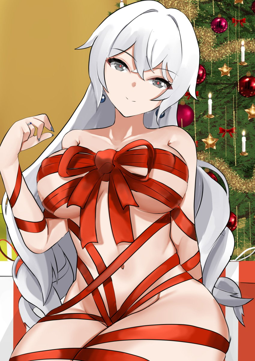 absurdres bow breasts bronya_zaychik bronya_zaychik_(silverwing:_n-ex) christmas collarbone drill_hair earrings female highres honkai_(series) honkai_impact_3rd indoors jewelry large_breasts long_hair looking_at_viewer nail_polish navel smile solo stomach tian_kazuki